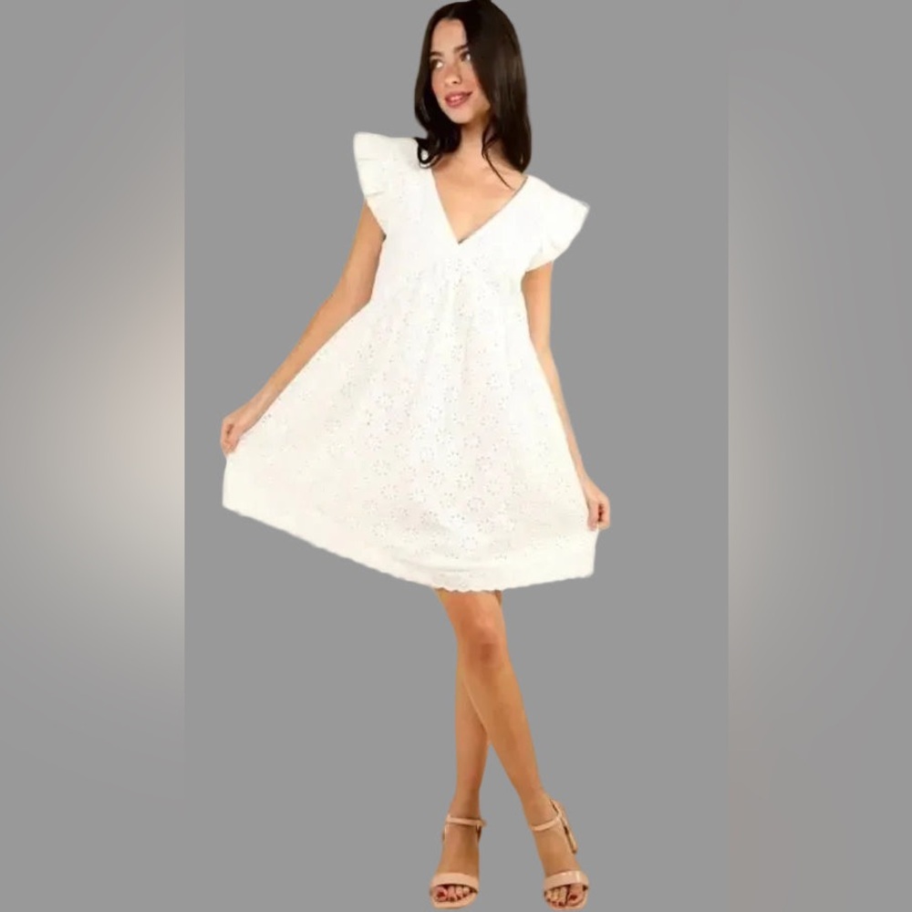 Very J White Flare Eyelet Cotton Mini Dress